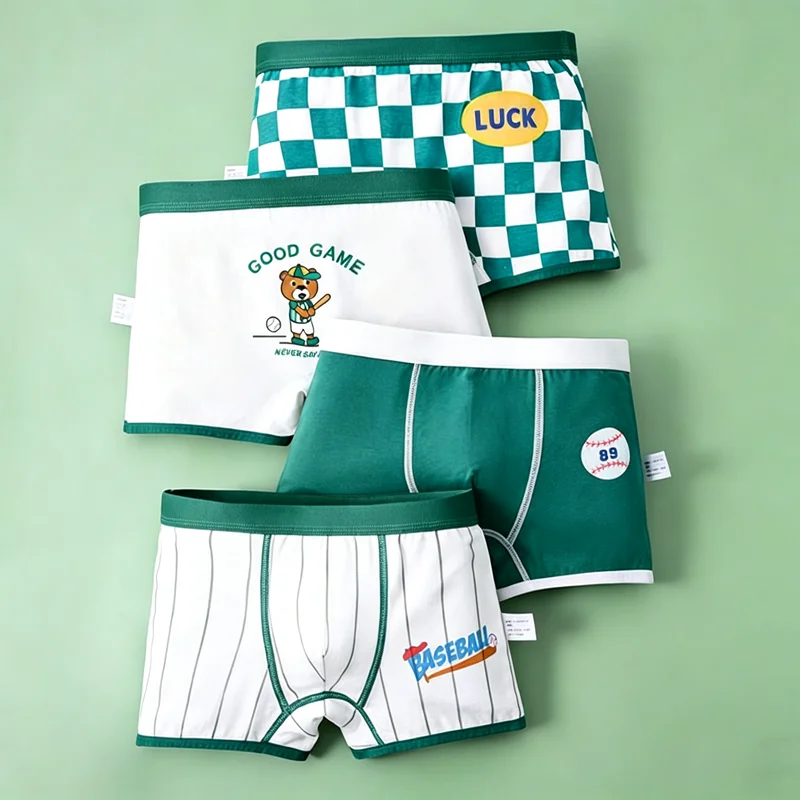 Conjunto de roupa íntima para meninos, conjunto verde com tema esportivo, boné de beisebol, macio, absorvente de suor, cuecas confortáveis para meninos, roupas infantis