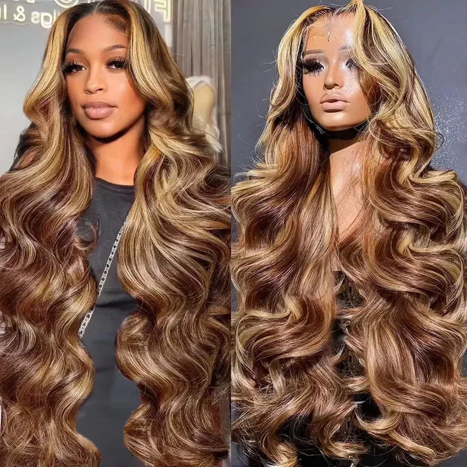 4/27 Highlight Body Wave Human Hair Wigs Brazilian Blonde Brown Piano Color 13x6 HD Transparent Lace Frontal Wig PrePlucked 200%