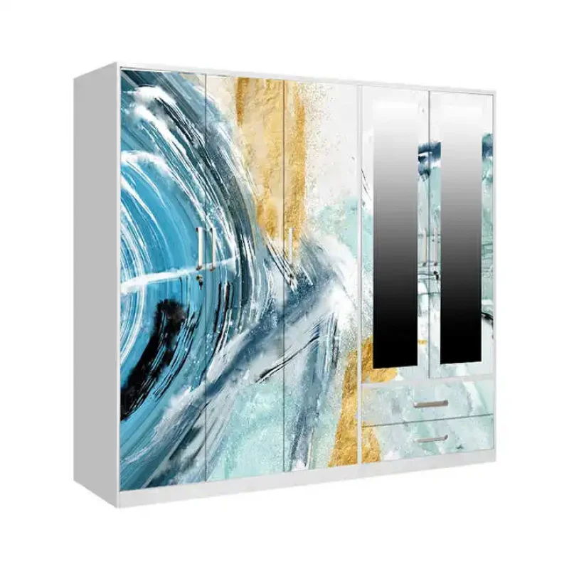 custom.Steel Sliding Five Door Modern Furniture Bedroom Almirah Simple Design Cabinet Clothes Closet Metal Wardrobe with Mirror