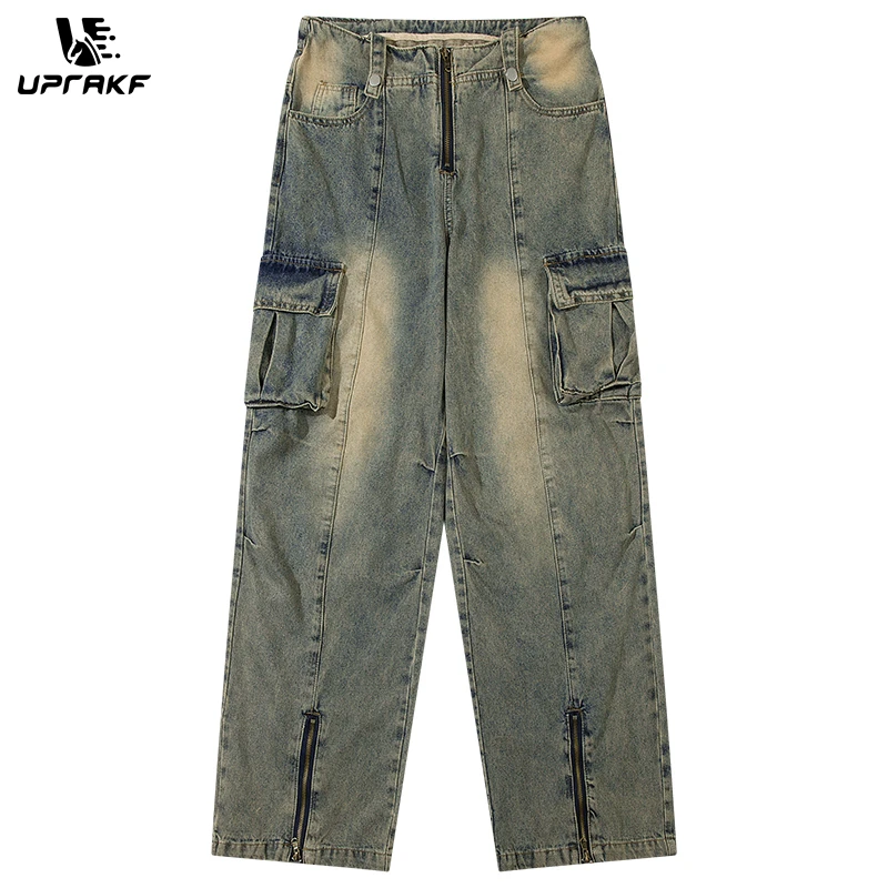 

UPRAKF Zipper Multi Pocket Jeans Baggy Wide Leg Casual Pantalones Denim Autumn Streetwear Comfort Hip Hop Basic Pants