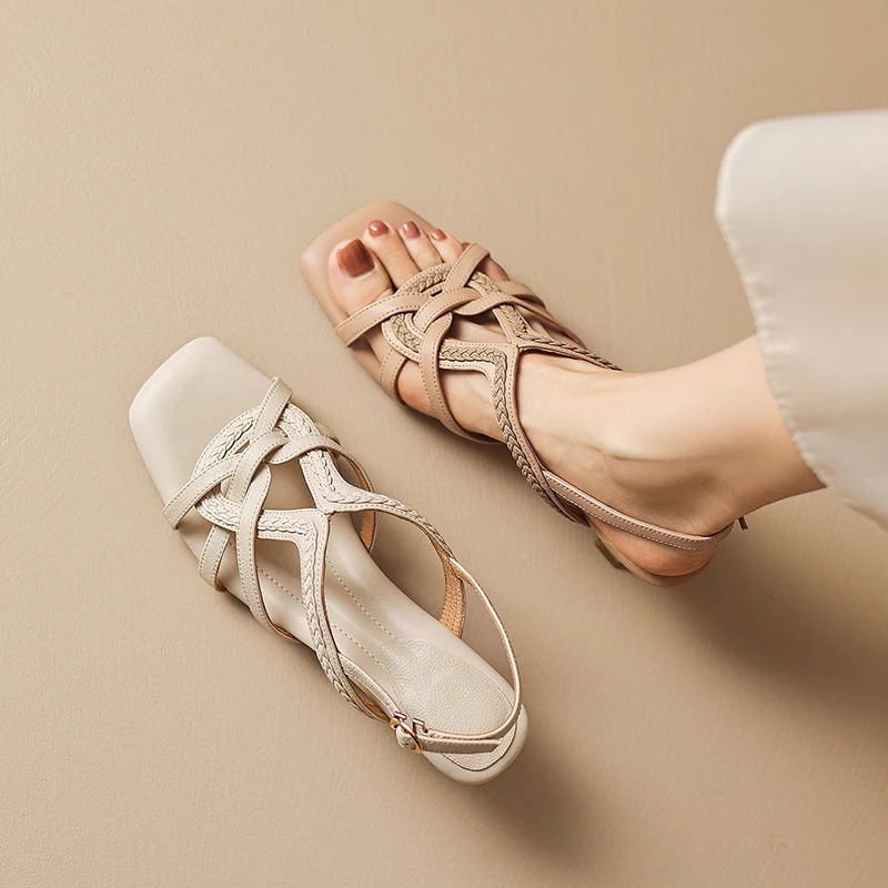 2026 new summer women sandals natural leather 22-25cm cowhide+pigskin+sheepskin cross-tied ankle-buckle high heel women shoes