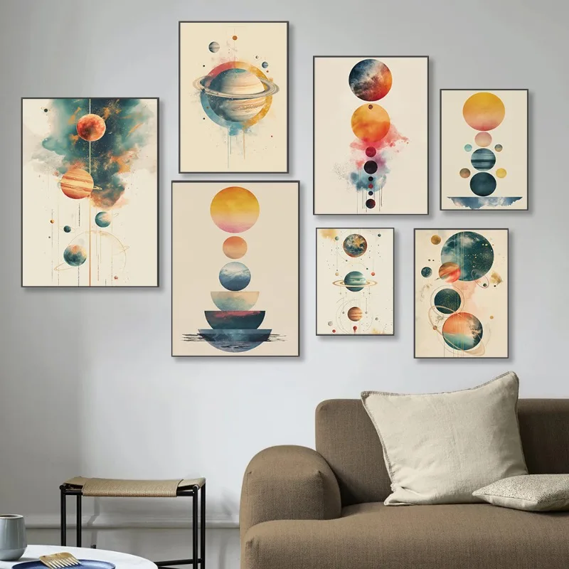 Japandi Minimalist Cartoon Solar System Canvas Print Abstract Space Poster Aesthetic Kids Room Wall Art Decor Planet Home Dec