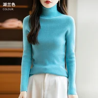 Pull à col roulé pour femme, nouvelle collection automne-hiver, 100% laine pure, coupe ajustée, mode, décontracté, couleur unie, manches longues, haut polyvalent. 2