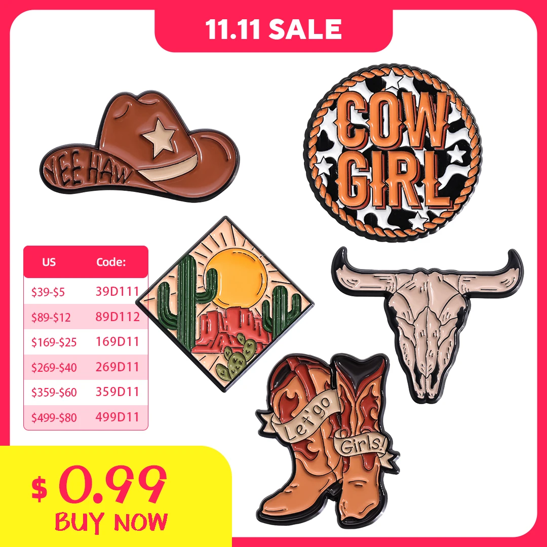 Stivali Cowgirl spilla smaltata Cactus messicano occidentale testa di toro distintivi con risvolto Decor per borse per camicie spille regalo di