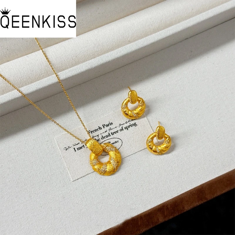 

QEENKISS 24KT Gold Vintage Bread Necklace+Stud Earrings For Women Wedding Party Birthday Christmas Bride Mother Girl Gifts JS599