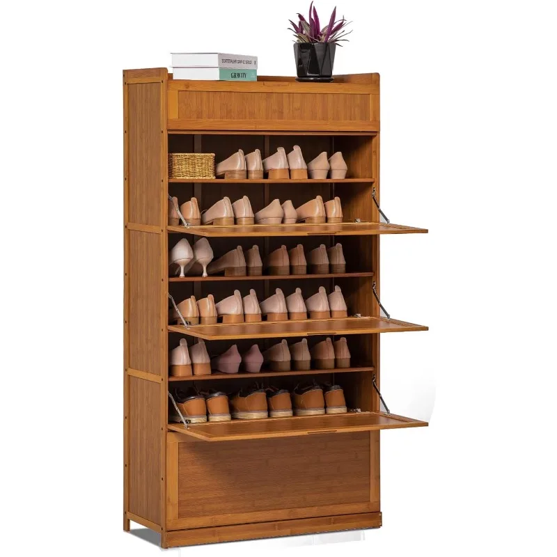 Bamboo 9-Tier Shoe Organizer Modern Cabinet with Pull-Down Door 36-Pair Heels Boots Freestanding, Entryway, Brown