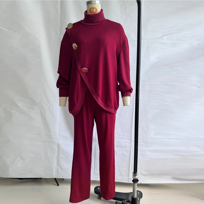 New Autumn Winter Women Two Piece Knit Outfit Turtleneck Asymmetrical Long Sleeve Sweater Big Buttons Top Wide Leg Pants Suits