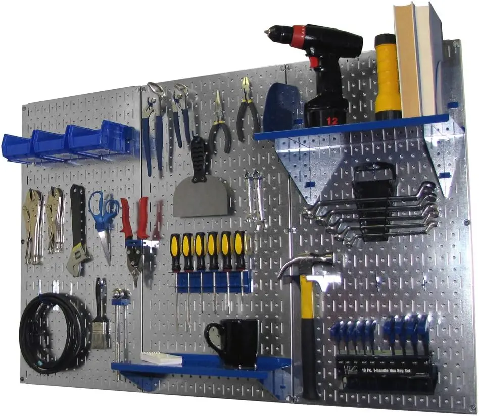 Wall Control Pegboard Organizer 4 ft. Metal Pegboard Standard Tool Storage Kit with Galvanized Toolboard and Blue Accessories