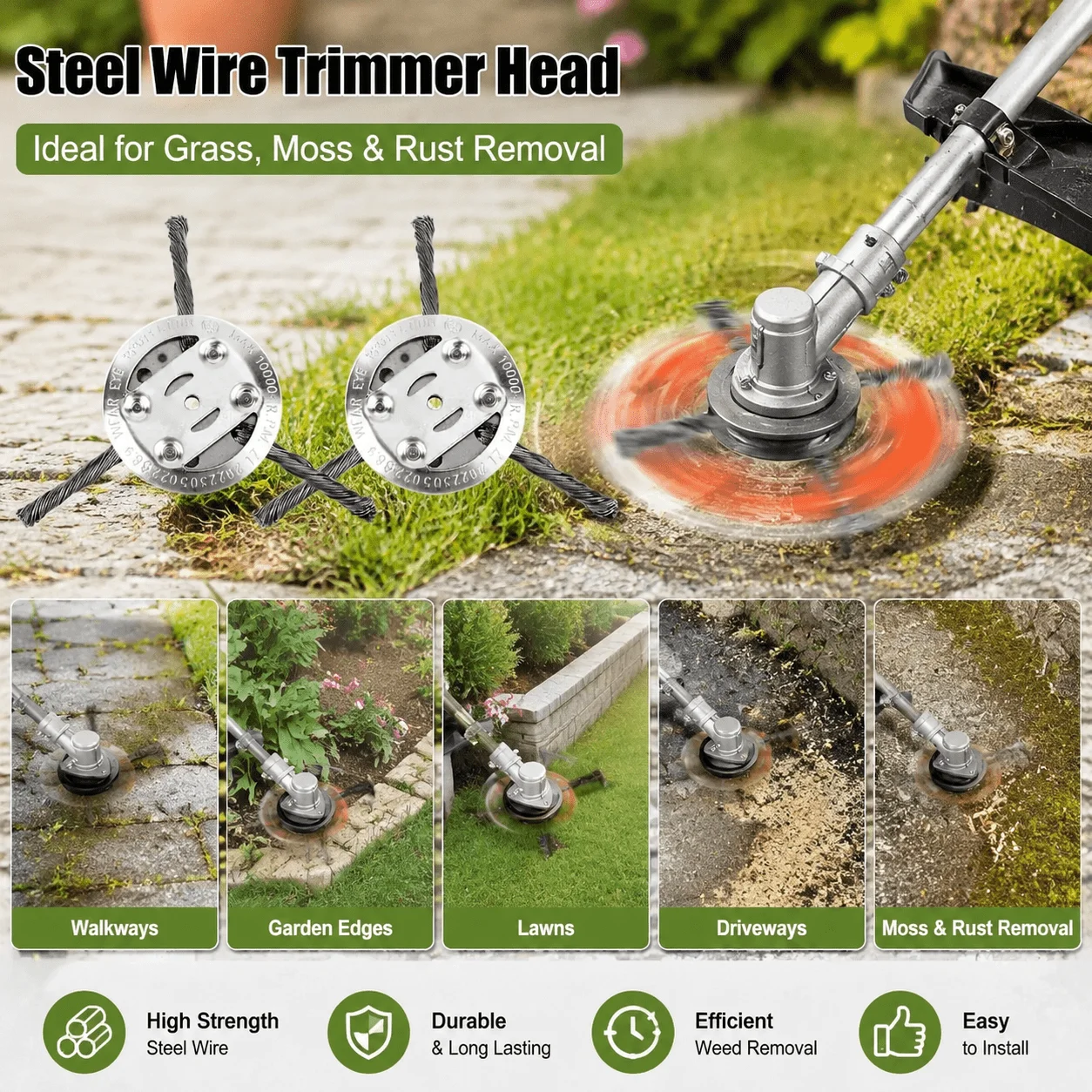 Steel Wire Weed Wacker Replacement Head, Brush Cutter Attachment for Electric or Cordless String Trimmers, 5 mm Inner Hole, for Grass, Moss and Rust Cleanup