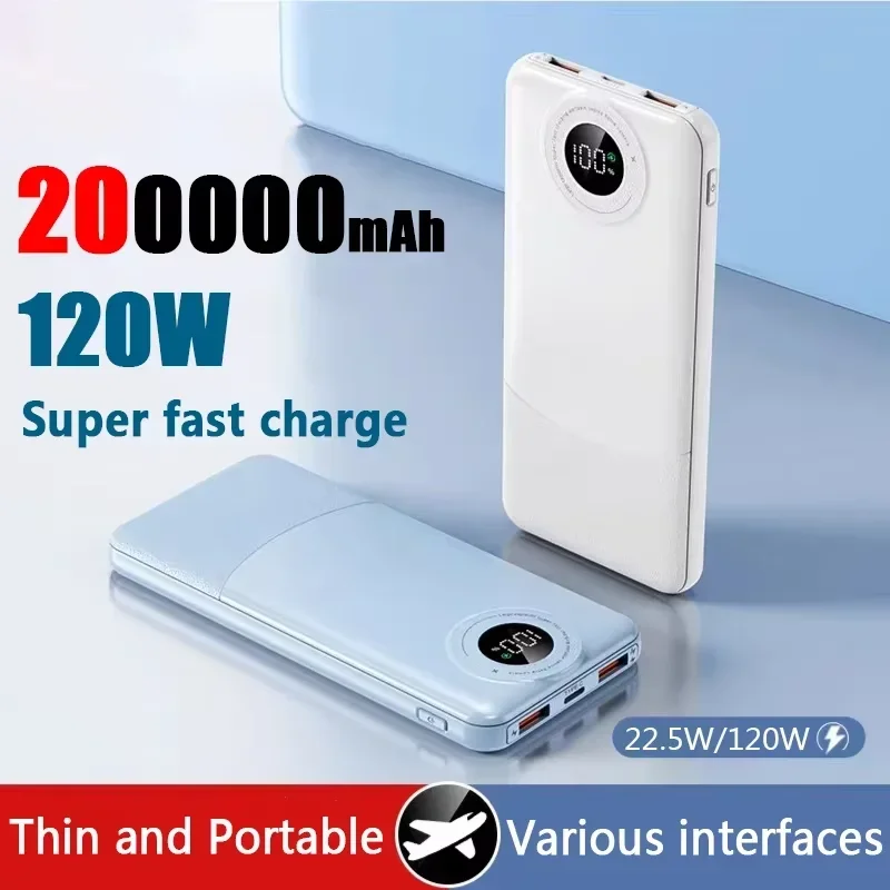 200000mAh Large Capacity Power Bank Built-In Line 120W Two-Way Fast Charging Mobile Power Supply For Huawei Xiaomi Samsung