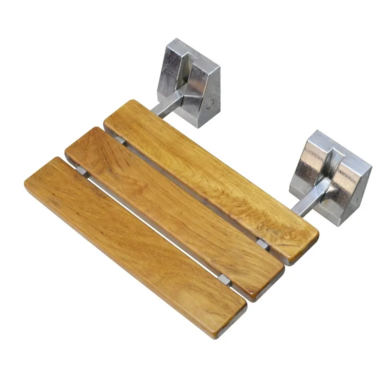Modern 15-inch teak wall-mounted folding shower stool 40X34CM stainless steel brass aluminum for hotels and hospitals