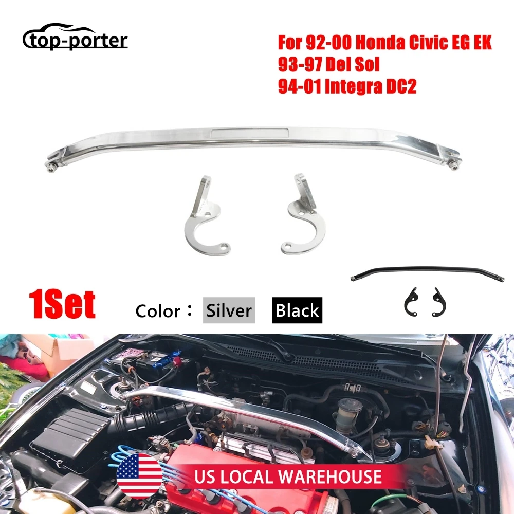 Front Strut Bar Aluminum For 92-00 Honda Civic EG EK 93-97 Del Sol 94-01 Integra DC2 Front Upper Strut Brace Bar Silver/Black