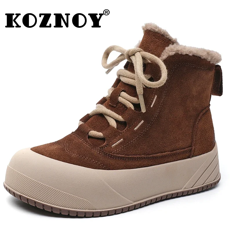 Koznoy 4cm Cow Suede Genuine Leather Women Platform Flats Loafer Winter Plush Spring  Autumn Vulcanize Chunky Sneakers Shoes