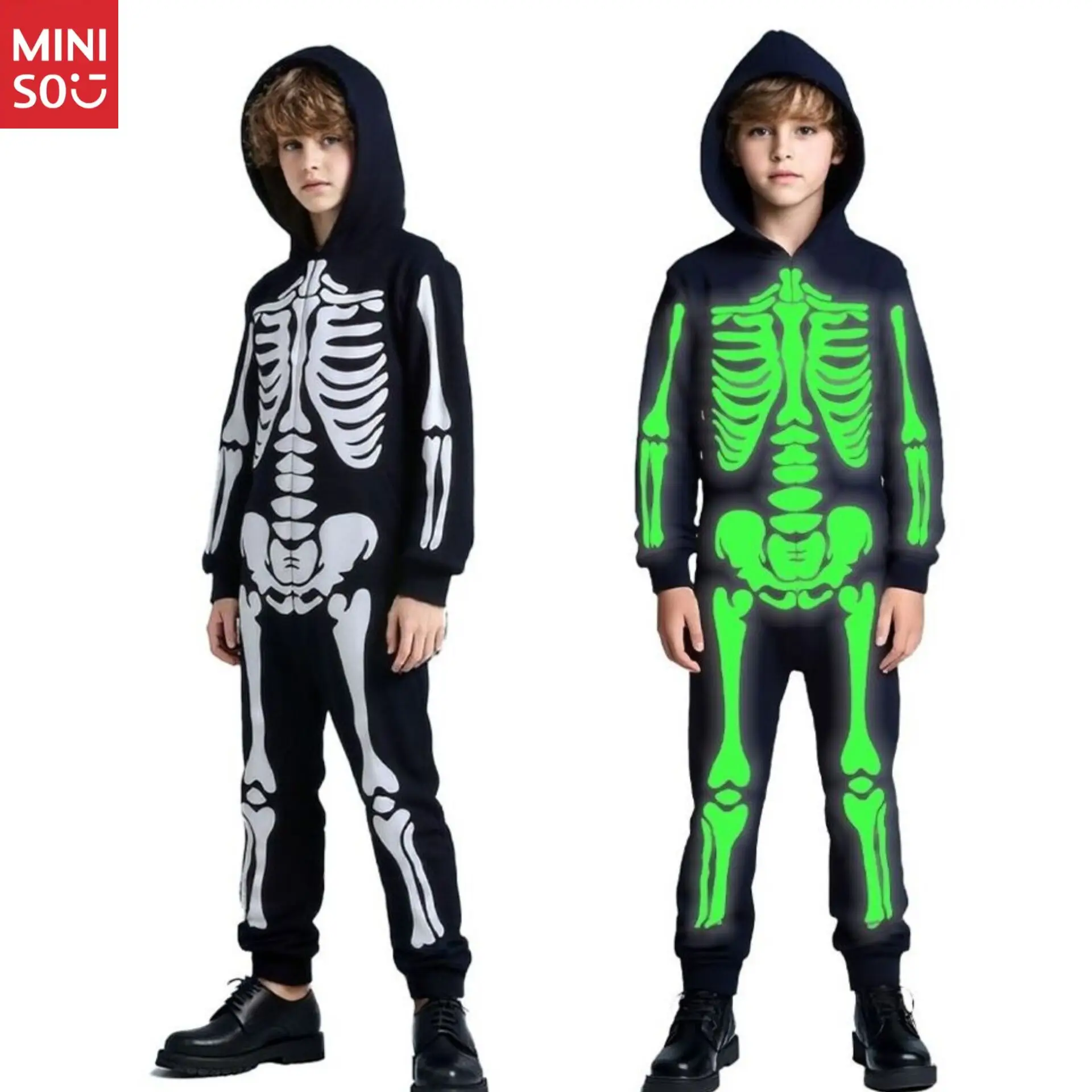 

Miniso Halloween Children's Costume Skull Skeleton White Luminous Ghost Suit Play One Piece Hoodie