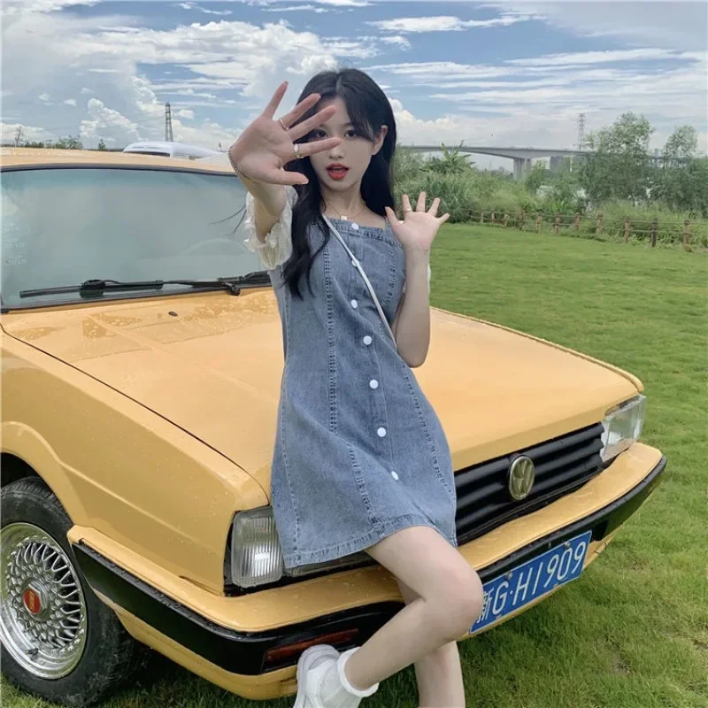 

Summer Denim Dresses Puff Sleeve Chic Dresses Women Square Collar Dress Single Button Sweet Girls Clothes New Preppy Streetwear