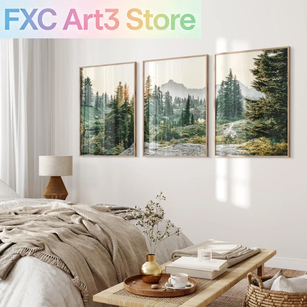 Frameless Mountain Set of 3 Prints Printable Nature Landscape 3 Pieces Wall Art Green Nature Photography Set Nordic Forest Poste