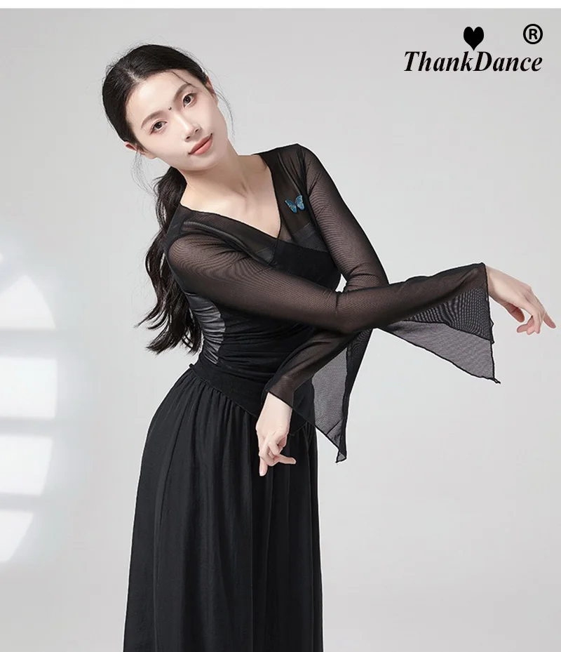 Classical Dance Gauze Mesh Top Long Horn Sleeve Shirt Flowy Body Rhyme Casual Blouse Cloth Performance Costume Dancewear Top New