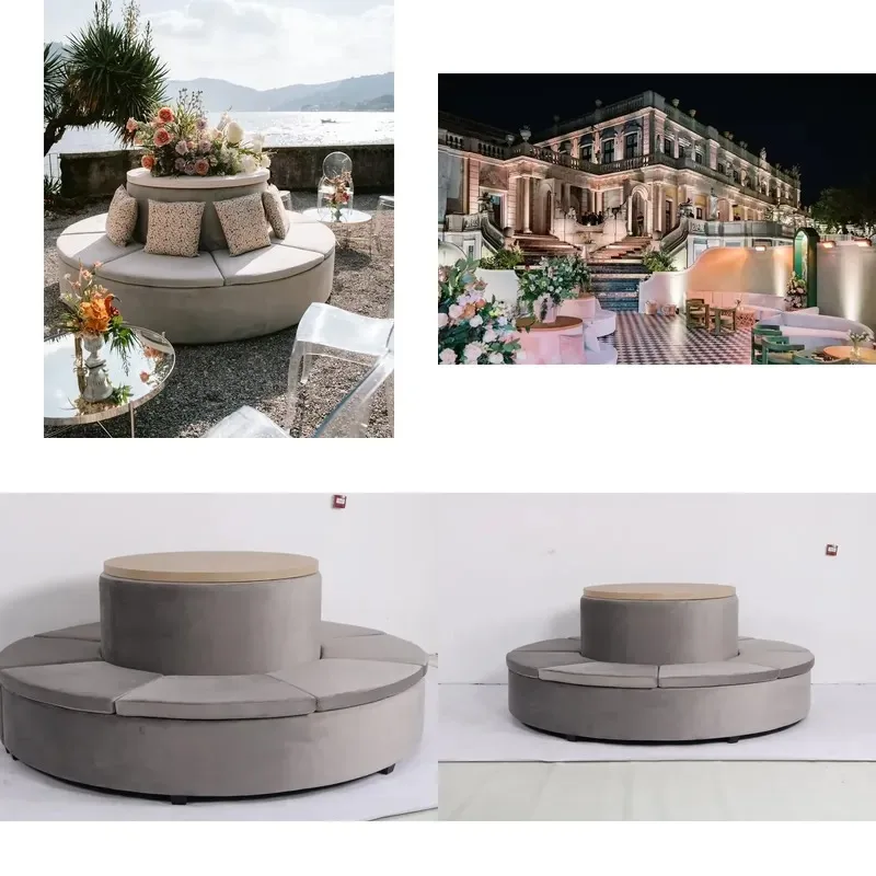 Luxury round wedding event rental sofa with wooden center table for banquet decoration
