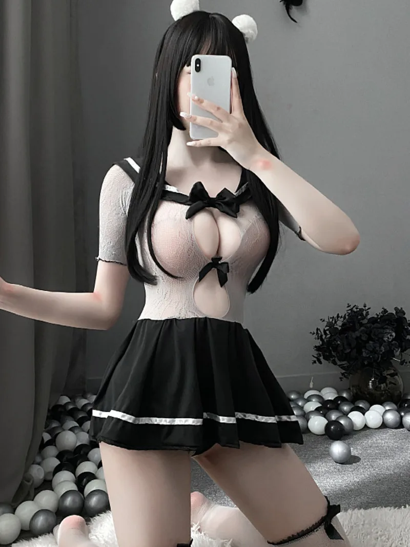 

Sexy Underwear Net Clothes Sailor Uniform Mature Hollow Out Tempting Students Wear Short Grey Net Clothes Net Socks Dress WDVC