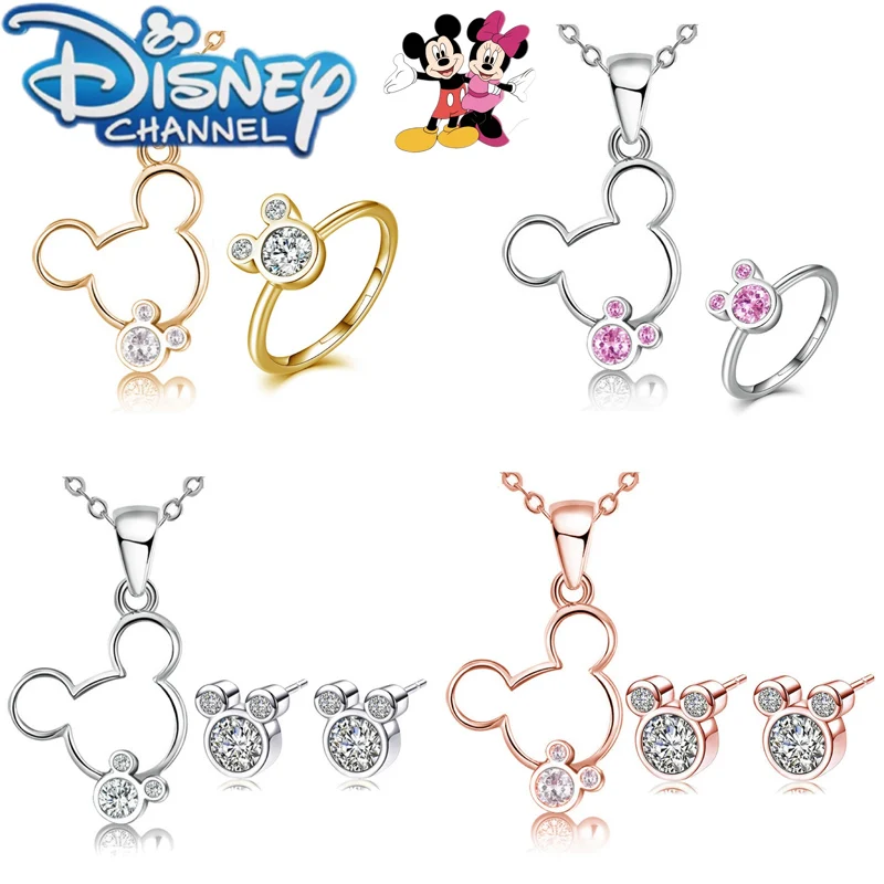 3 teile/satz Disney Mickey Mouse Halsketten Ohrringe Ringe Schmuck Set für Frauen niedlichen Cartoon Minnie Stud Ohrring Schmuck Zubehör