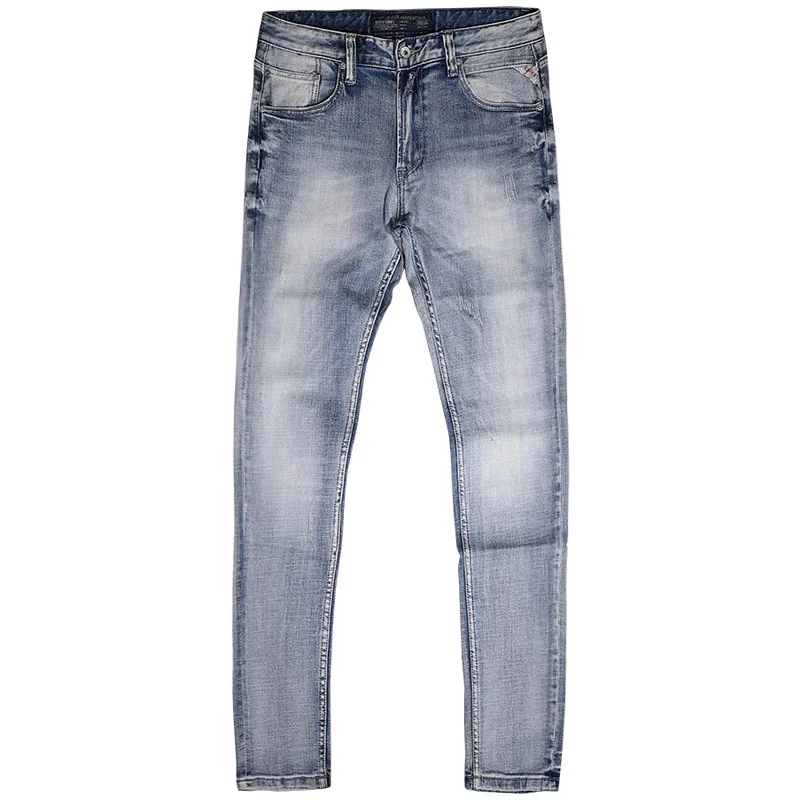 Fashion Vintage Men Jeans High Quality Plain Washed Retro Light Blue Elastic Slim Ripped Jeans Men Designer Denim Pants Hombre