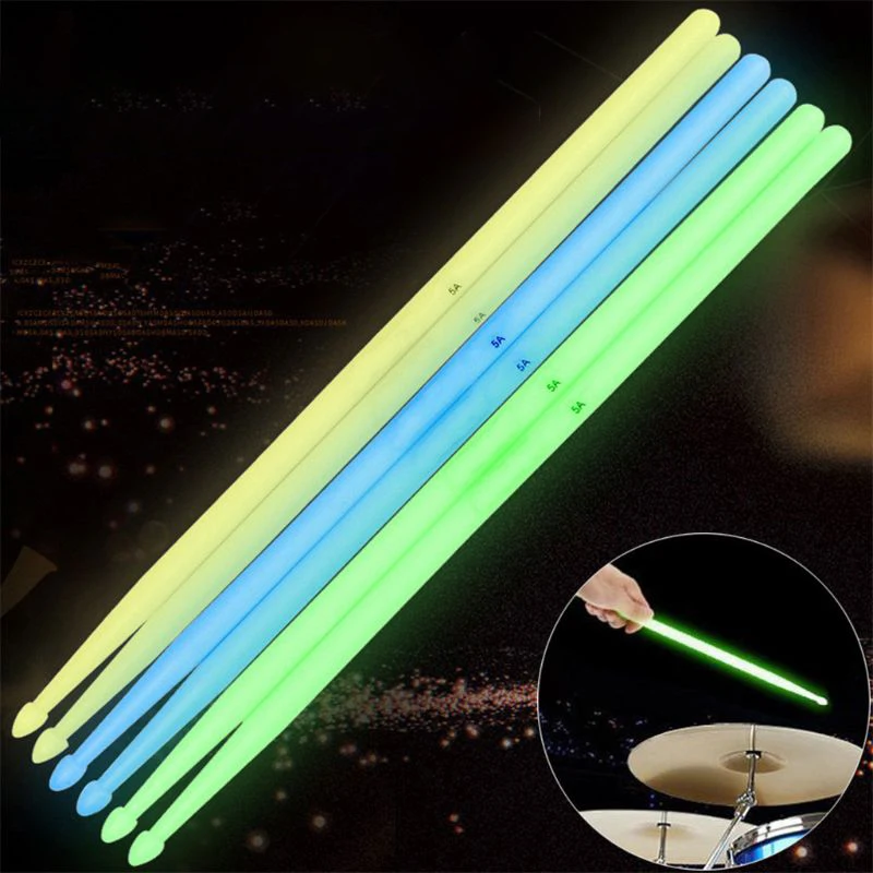 1 Pair 5A Luminous Drum Stick Nylon Fluorescent Drumsticks Glow in The Dark Bright Light Musical Instruments