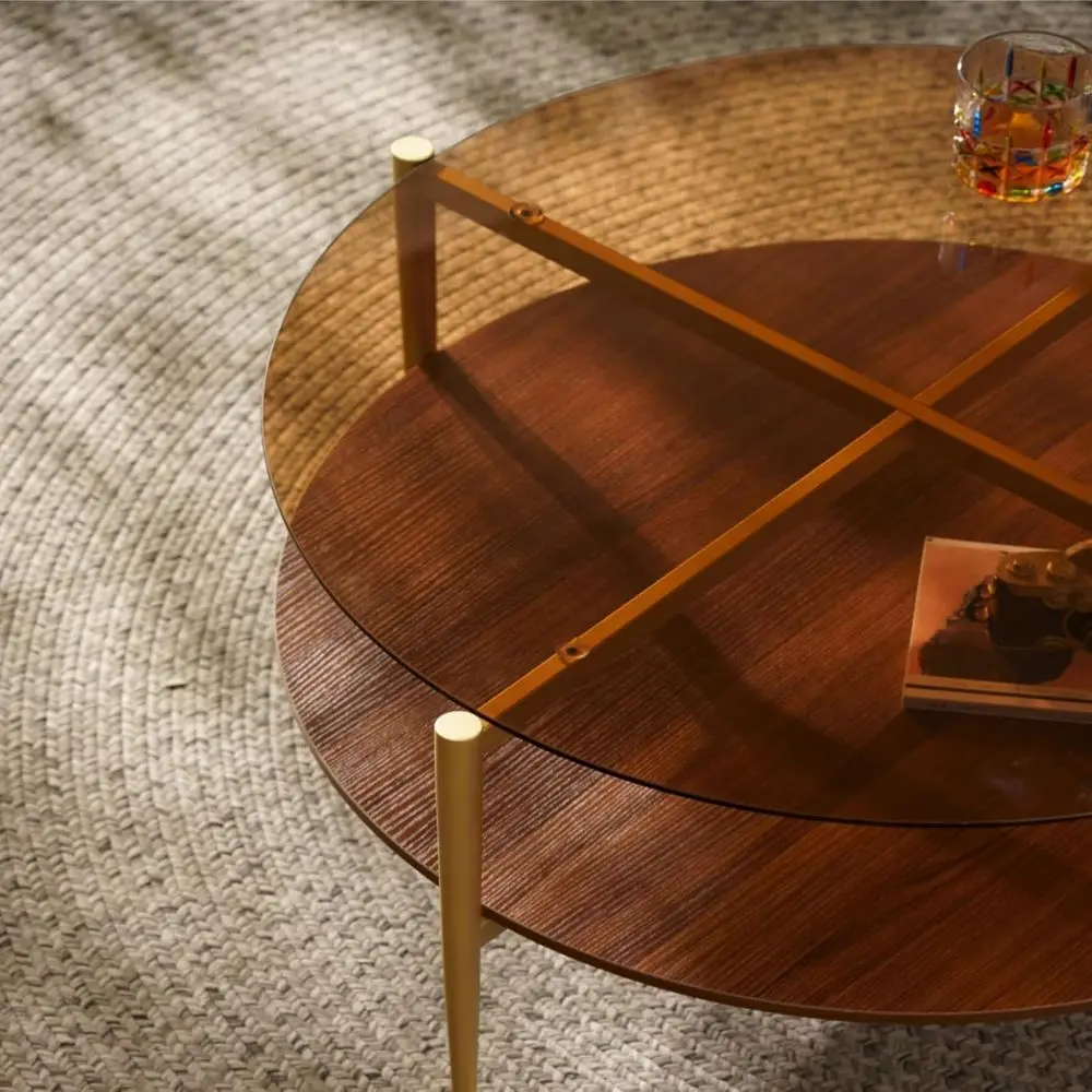 طاولة القهوة الحديثة في منتصف القرن، سطح القهوة والزجاج البني والجوز MDF، أرجل وإطار ذهبي #3