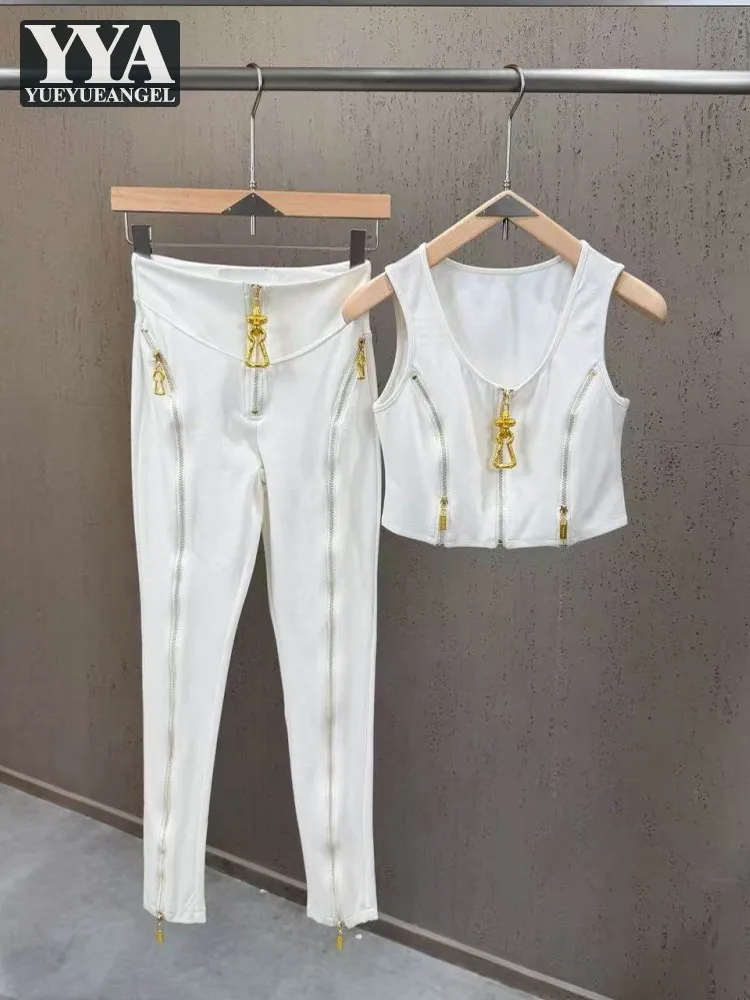 

Summer New Women Designer O Neck Vest Sets Wide Leg Pant Two-Piece Set Sleeveless Zipper Tops Elastic Waist Full Length Trousers