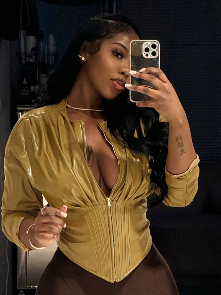 

Модная асимметричная куртка Yomesugar из искусственной кожи для женщин, весна 2026, на молнии, с круглым вырезом, длинными рукавами, приталенная, верхняя одежда, уличный стиль