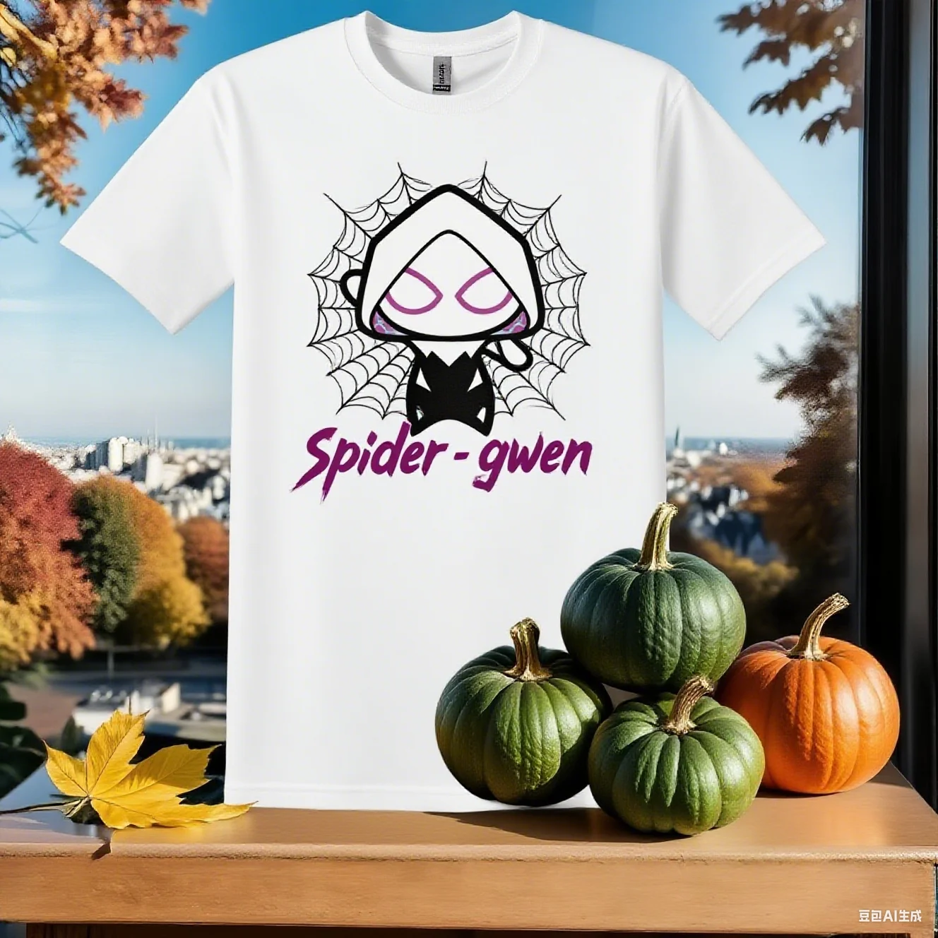 

Spider - Gwen Cute Chibi Cotton Tee – Features The Adorable Q - Version Spider - Gwen with Web, Perfect for Marvel Fan Tee S-4XL