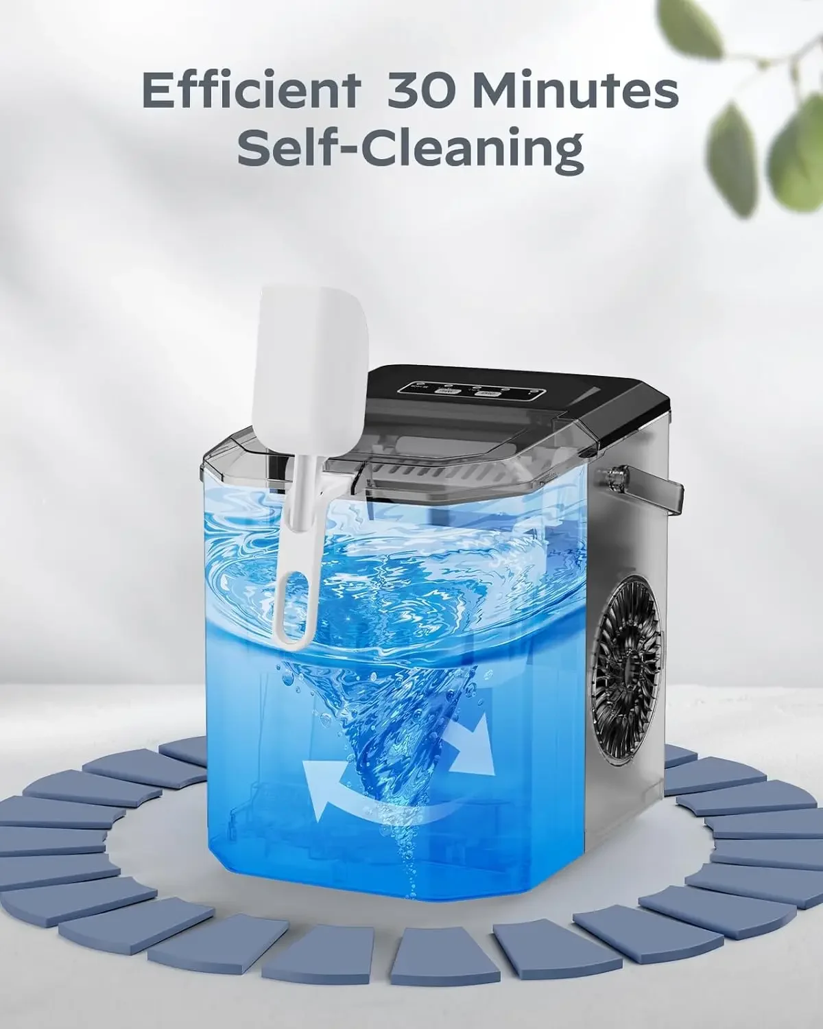 Máquina portátil de acero inoxidable para hacer hielo, máquina de autolimpieza con asa de transporte para uso en encimera, incluye cesta y cuchara para 9