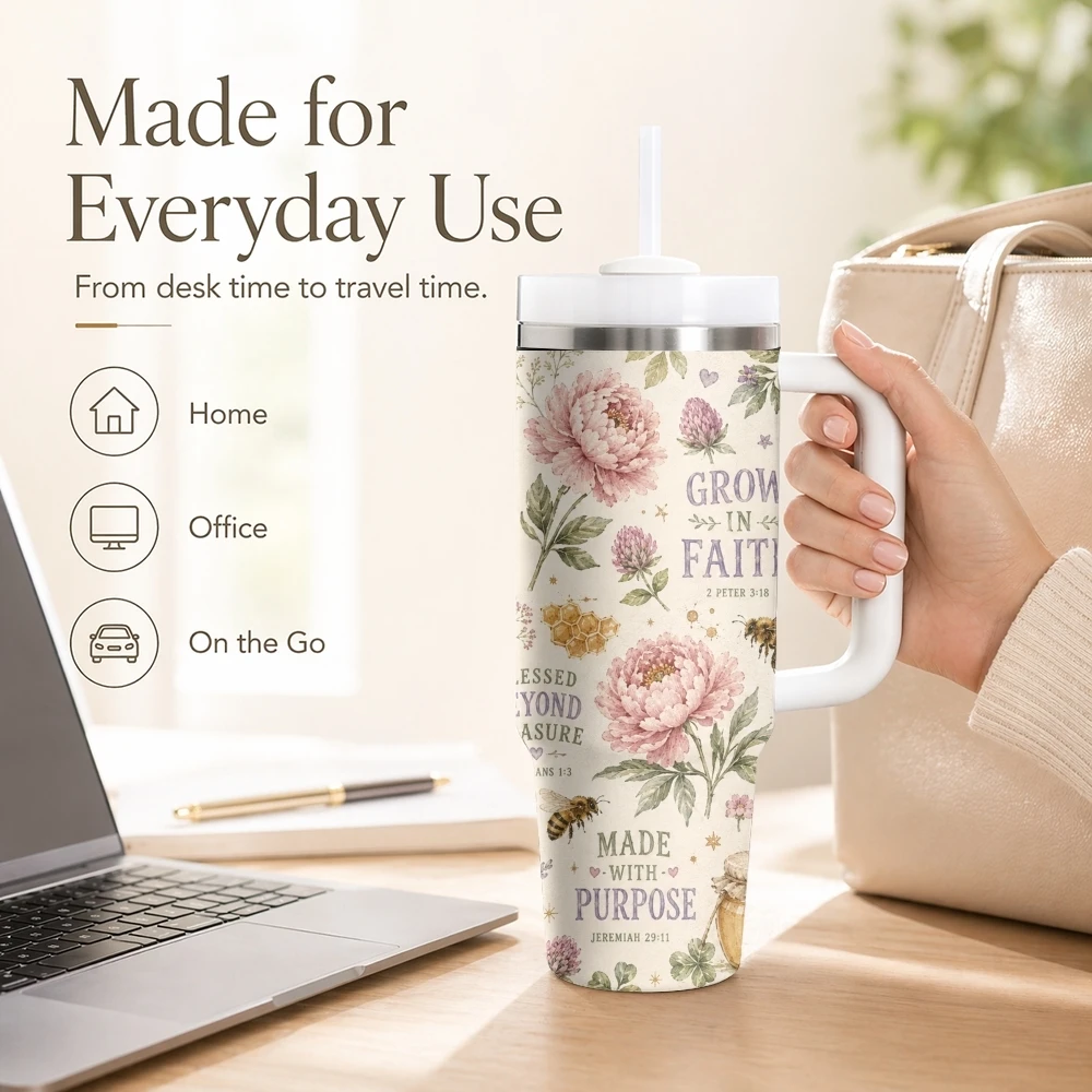 Christian Faith Blooming Floral Vacuum Flasks 40oz Stainless Steel Insulated Tumbler with Handle Straw Leakproof Cup Travel Mug