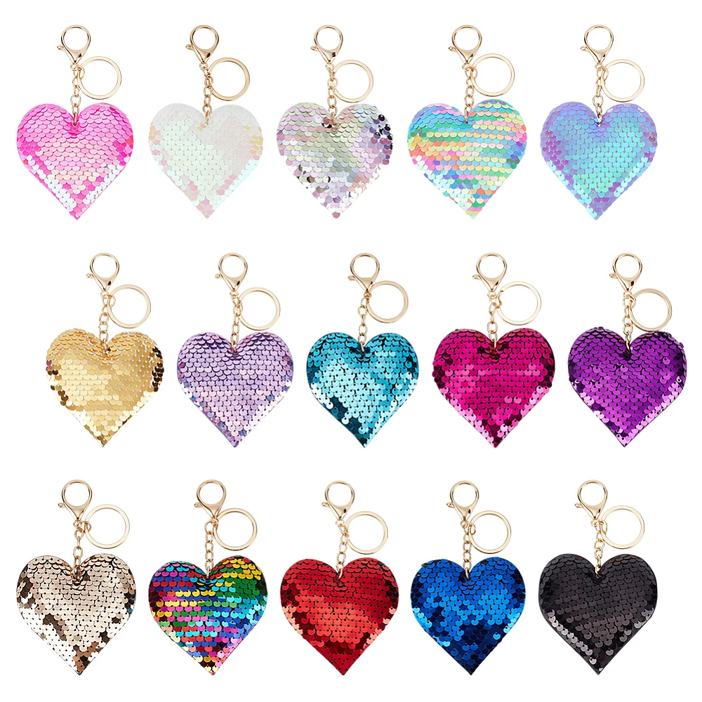 15 Pcs Heart Shaped Sequin Keychains 15 Colors Valentine's Glitter Key Chains Bling Purse Hanging Decor Romantic Charm