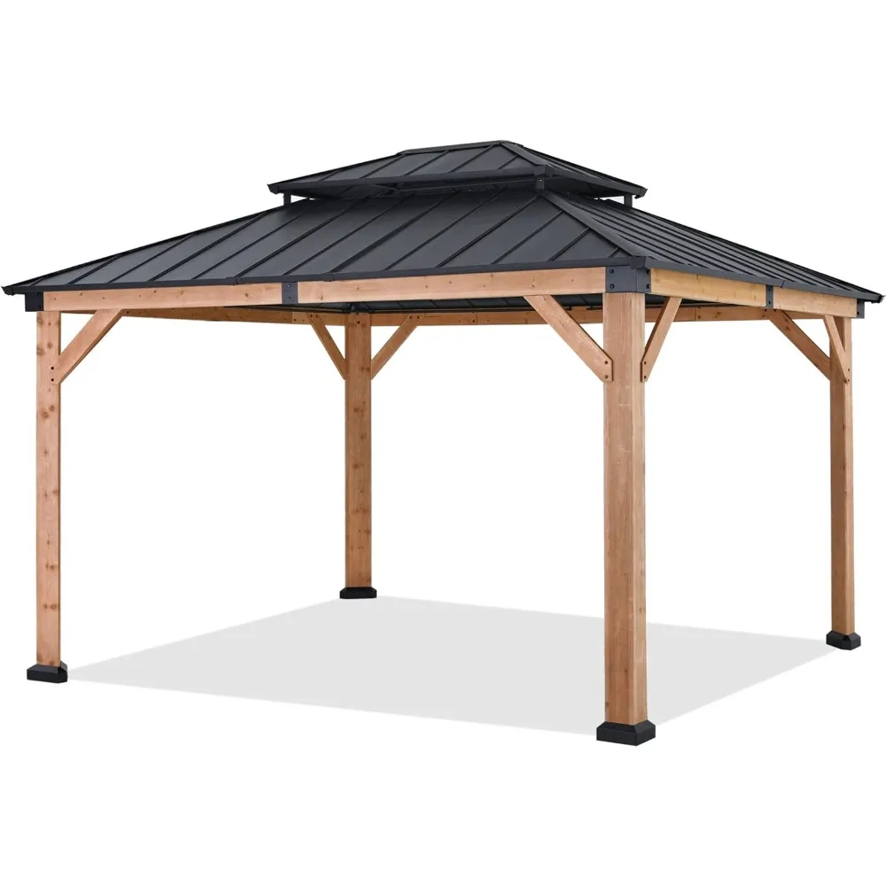 Gazebo,Wood Gazebo 11x13 - Outdoor Patio Wooden Gazebo With Hardtop Metal Double Roof For Garden, Backyard And Deck