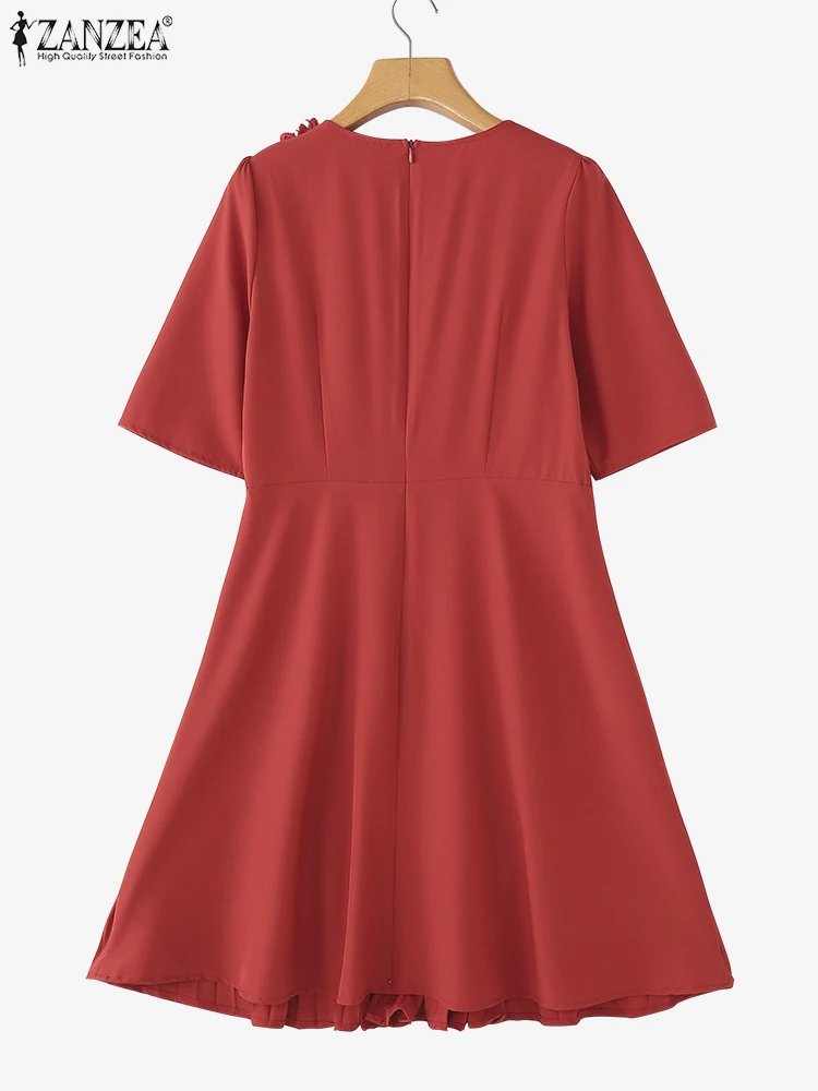 ZANZEA 2025 女性のサマードレスエレガントな 3D フラワーウエストエレガントなパーティーサンドレスファッションプリーツ膝丈オフィス Vestidos