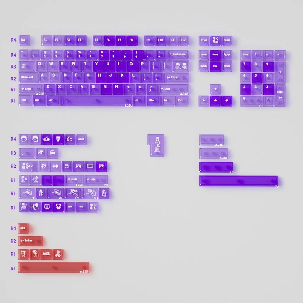 150 keys PC keycaps Transparent Purple Foggy Keycaps Light Through UV pad print Complete set For Mx Switches Mechanical Keyboard