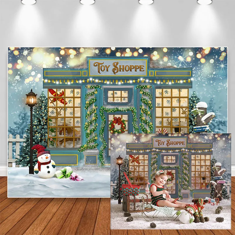 Christmas Toy Store Backdrop for Photography Bokeh Xmas Tree Snowman Decor Photo Props Kid Family Portrait Photoshoot Background