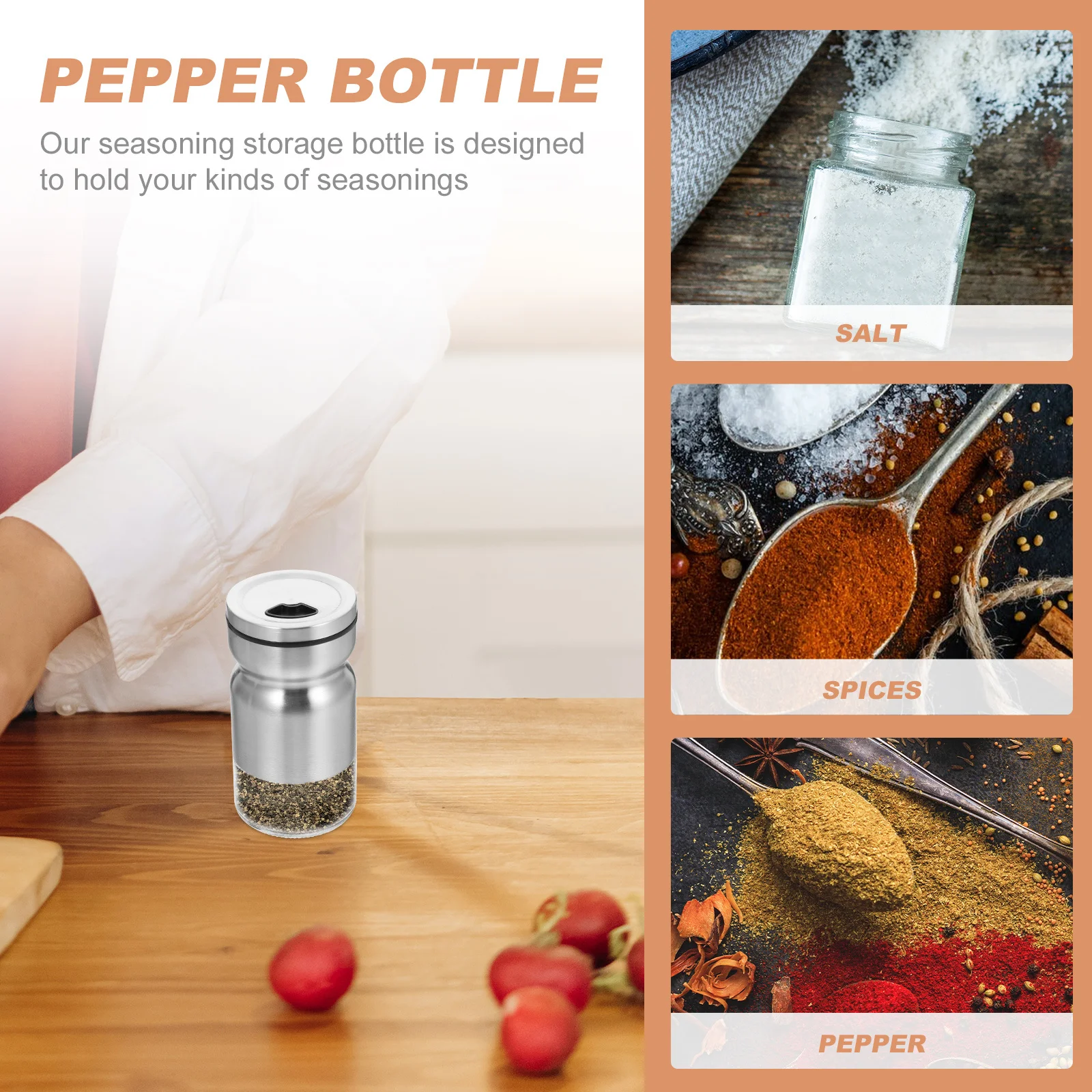 

2Pcs Seasoning Storage Bottle Kitchen Glass Spice Jar Stainless Steel Pepper Bottle Condiment Container Practical