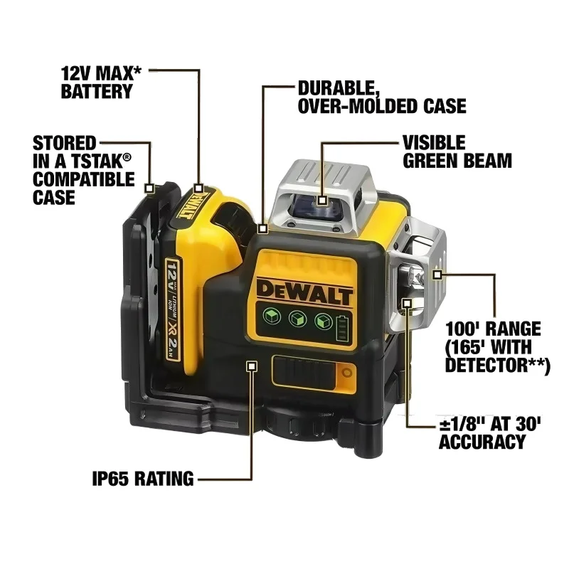 Dewalt DW089LG 12 Lines 3 Sides 360 Degree Vertical 12V Lithium Battery Laser Level Horizontal Green Meter Outdoor