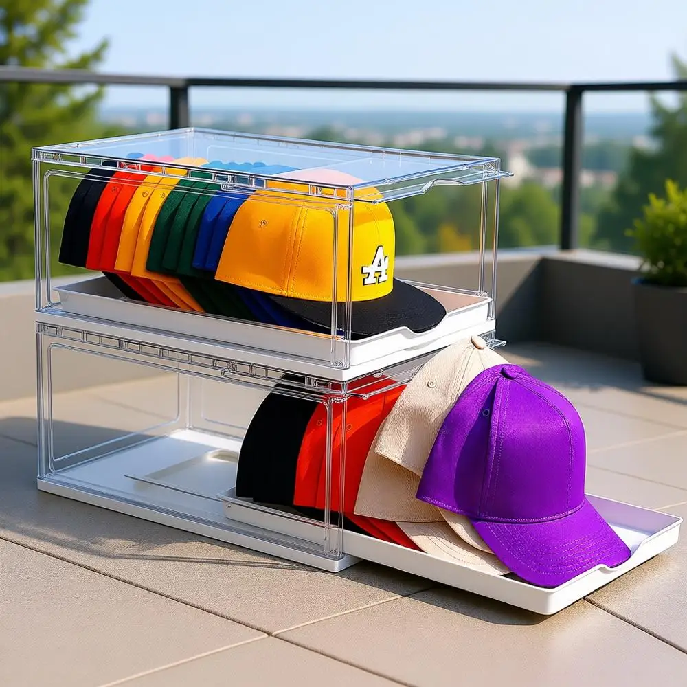 

2 Pack Hat Organizer, Clear Hat Holder Box, Large Storage with Sliding Tray, Stackable Rack Display Case, Holds 12 Hats