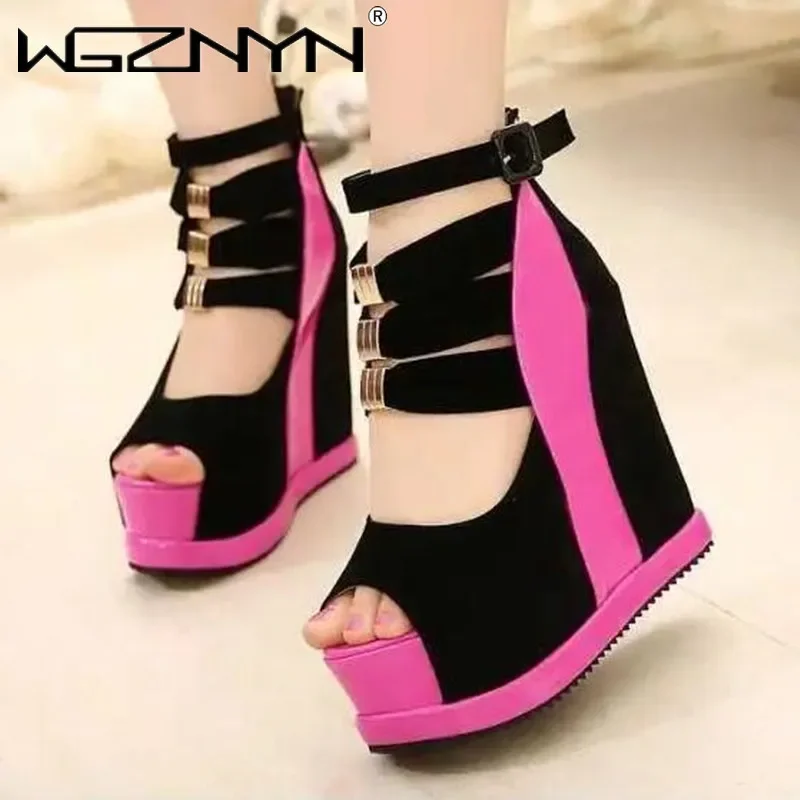 New Flock Ankle Boots Women Sandals Sexy Hollow High Slope with Fish Mouth Single Shoes Thick Bottom Wedges Zapatillas De Mujer