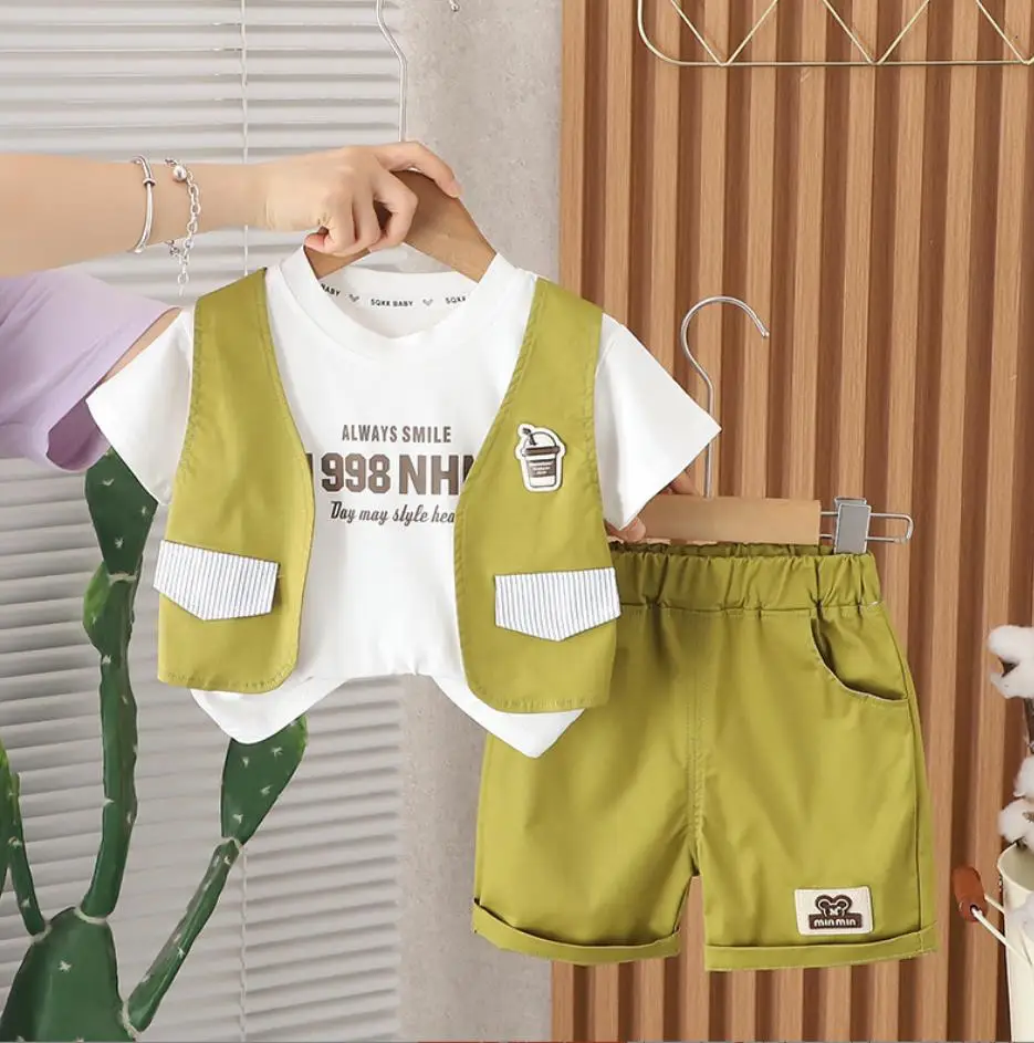 Baby Boys Birthday Outfit Summer Clothes Set for Kids Casual Short Sleeve Cargo Vest T-shirts and Shorts Two Piece Tracksuits