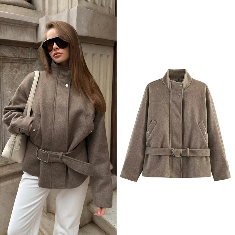 

Women's Jackets Coats Fashion With Belt Jackets Women Stand Collar Long Sleeve Coats Streetwear Female Outerwear Chic Tops