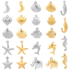 Colgante de acero inoxidable para fabricación de joyas, colgante de animales marinos, concha de delfín, estrella de mar, elefante, Luna y Estrella, Color dorado, 5 unidades por lote