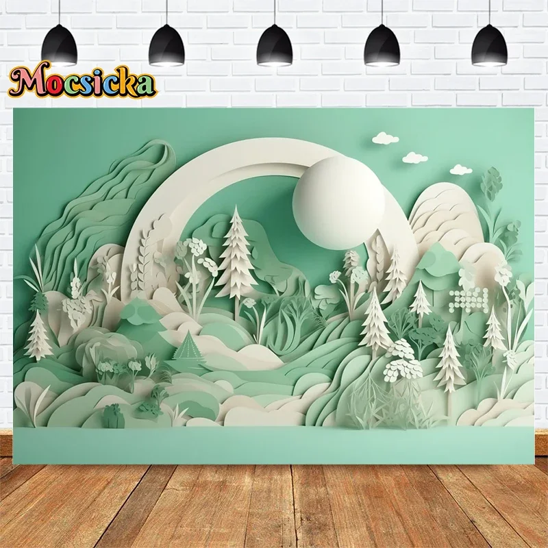 Mocsicka Photography Background 3D Green Forest Paper Cutout Decor Backdrop Kids Birthday Party Cake Smash Portrait Photo Studio