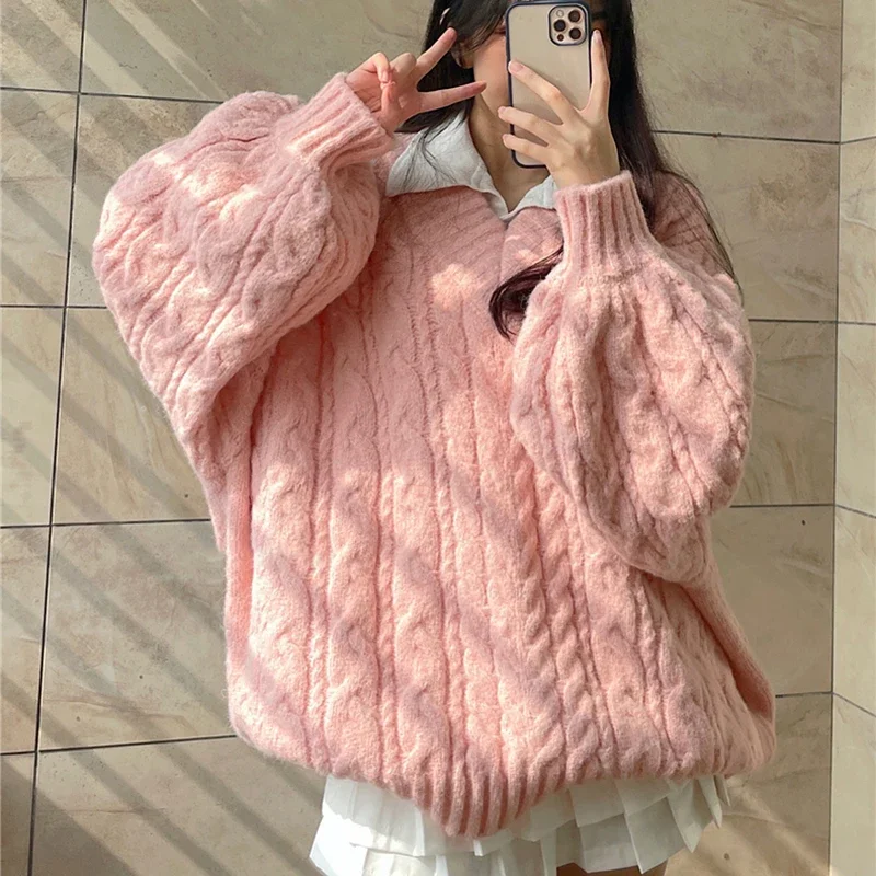 HELIAR Korean Oversize Green Sweaters Women Vintage Lazy Wind V Neck Cute Knitted Pullovers Fall Casual Loose Long Sleeve Jumper