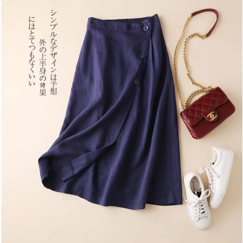 2022 Spring Summer New Arts Style Women High Waist Loose A-line Skirt Button Design All-matched Casual cotton linen Skirts C454