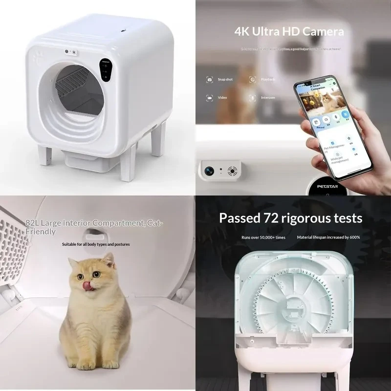 Intelligent Cat Litter Box with AI Voice Intercom Video Surveillance One-Click Cleaning Deodorization ABS Material 82L