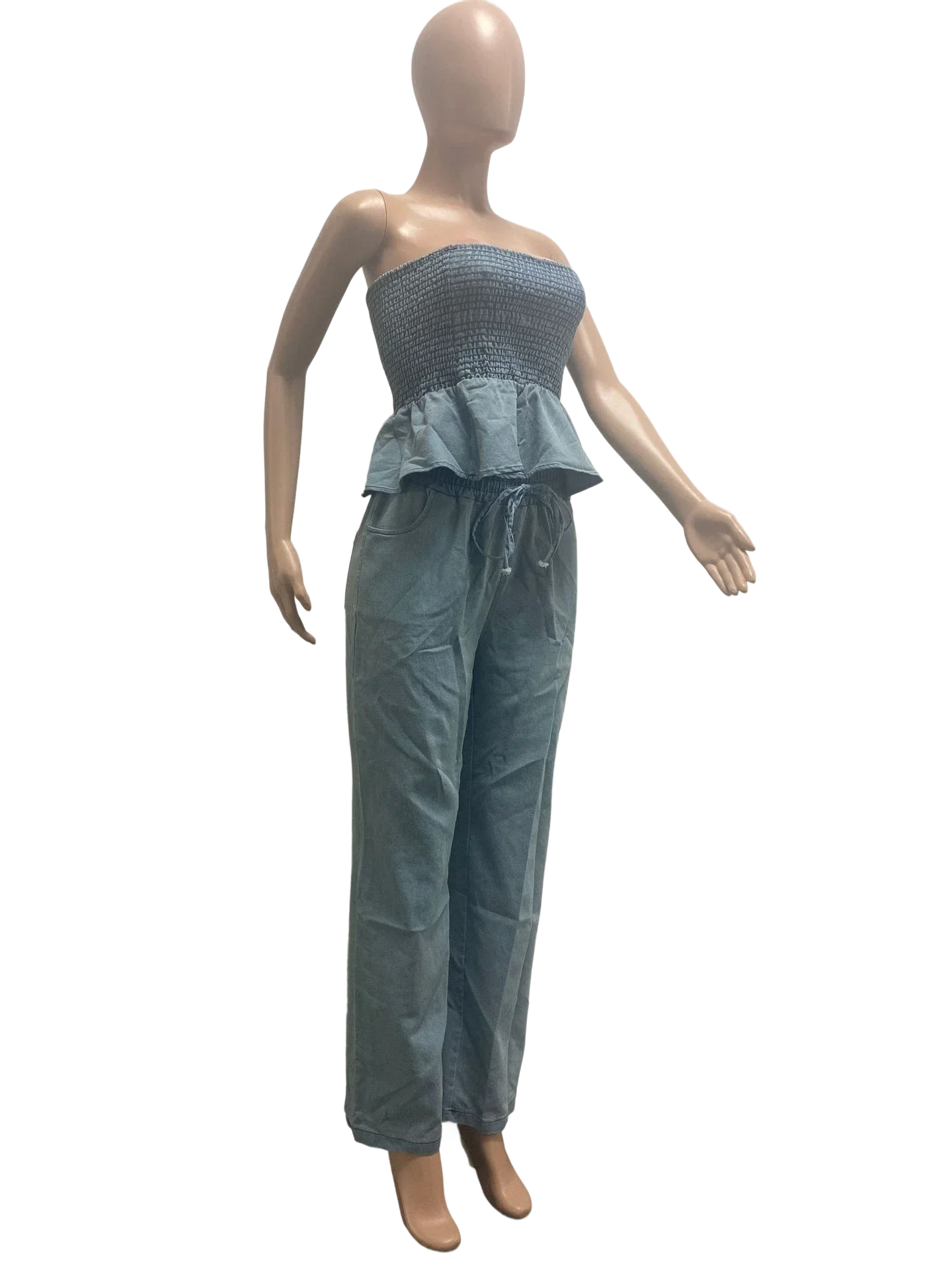 Moda europeia e americana casual babados tubo top jeans stretch sexy terno de perna larga