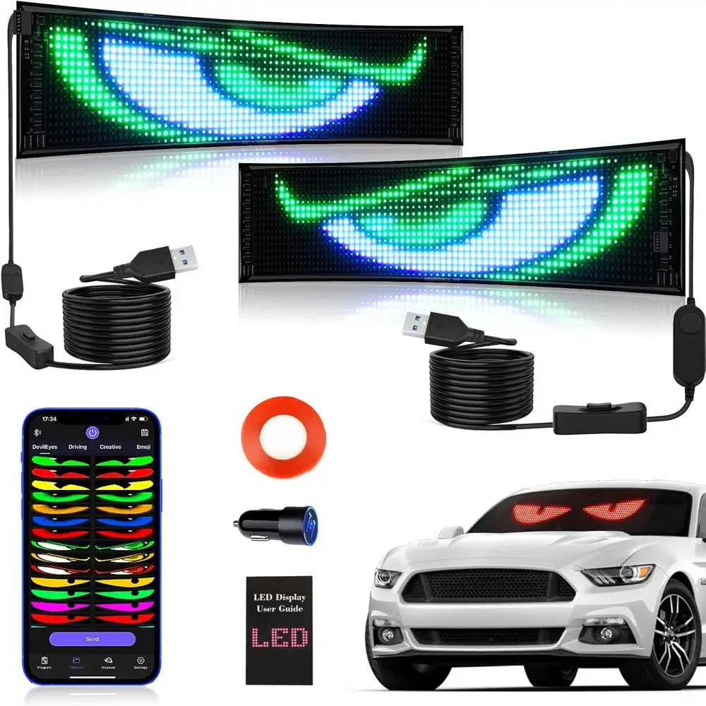 

Pair of Car LED Angel Eyes & 15x4 Flexible LED Screen with Bluetooth Control for Dynamic Car Windshield Lighting